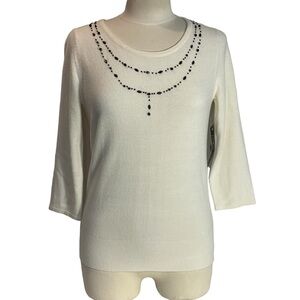 NWT Designers Originals Ivory Black Beaded Pull Over 3/4 Sleeve Sweater Sz Small